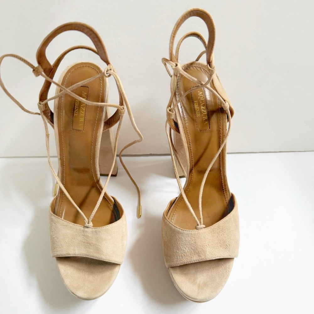 AQUAZZURA AUSTIN BEIGE CREAM SUEDE LACE UP ANKLE WRAP PLATFORM CHUNKY HEEL - Picture 6 of 15